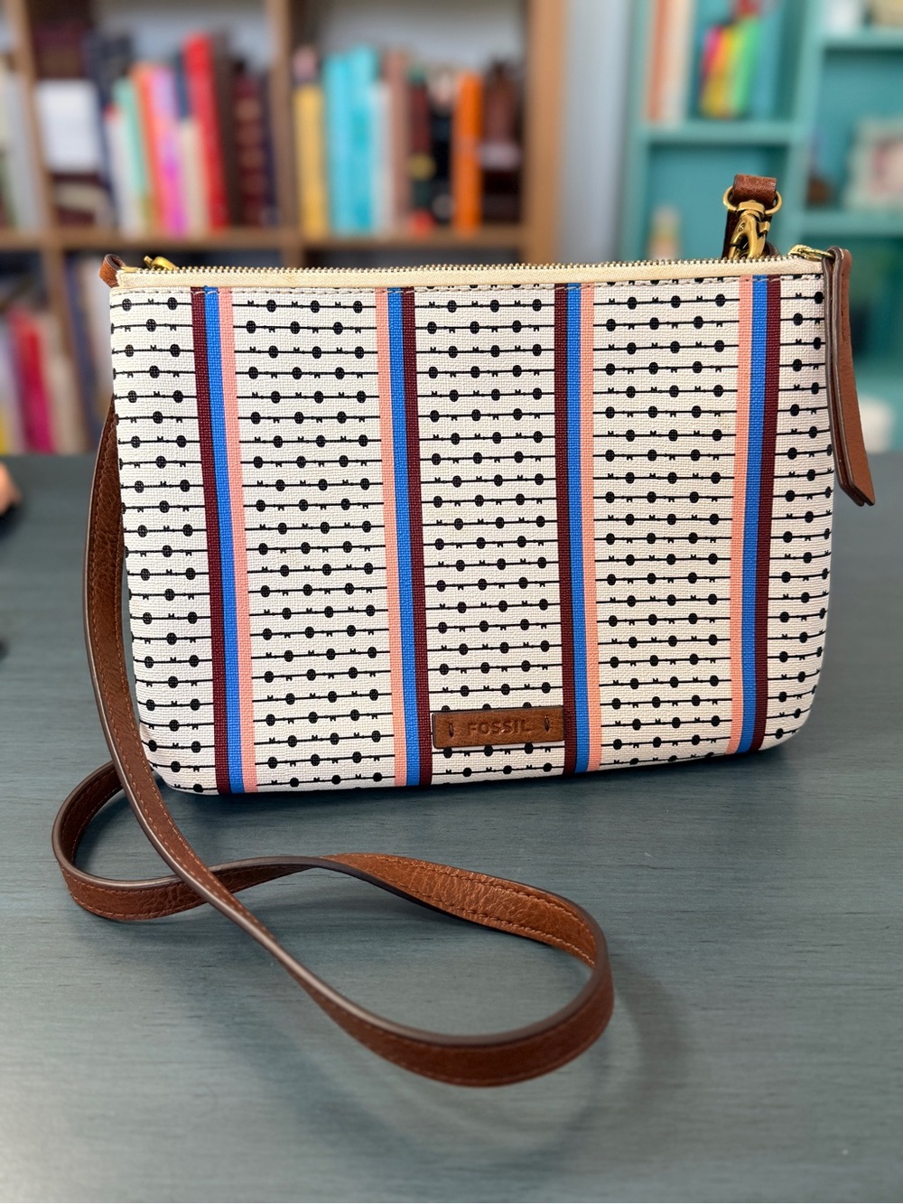 Fossil Crossbody Bag with Blue and Red Stripes